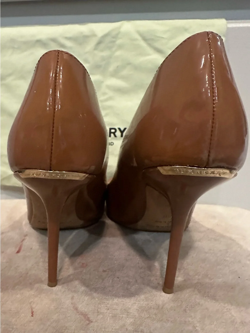 Burberry Patent Peep-Toe Stiletto in Brown